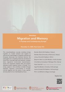 Event Poster: Migration and Memory in Postwar and Contemporary Europe. November 14, 2025. Pyle Center room 313.